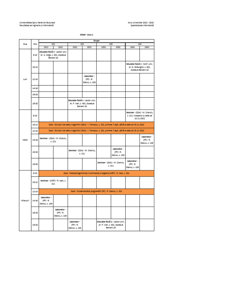 Orar Sem 1 2022-2023 Informatica An 1 | PDF