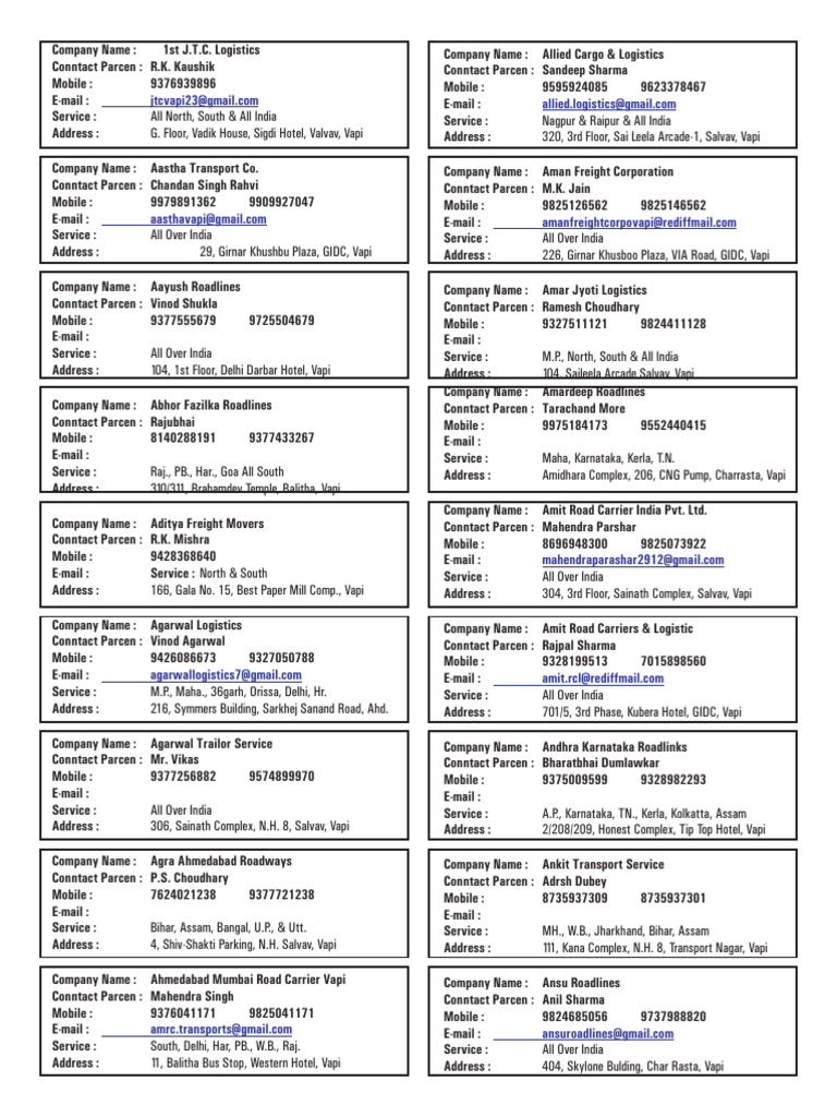 Vapi Transport Company Directory | PDF