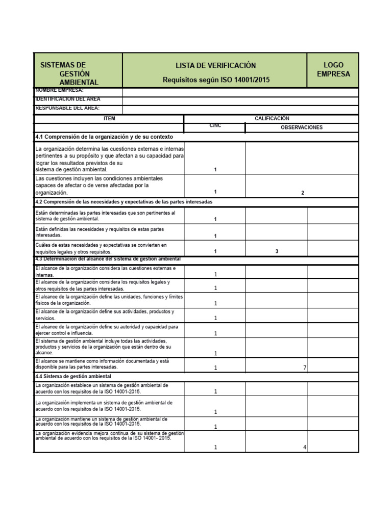 LIsta Verificacion ISO 14001 2015 | PDF | Evaluación del ciclo de vida ...