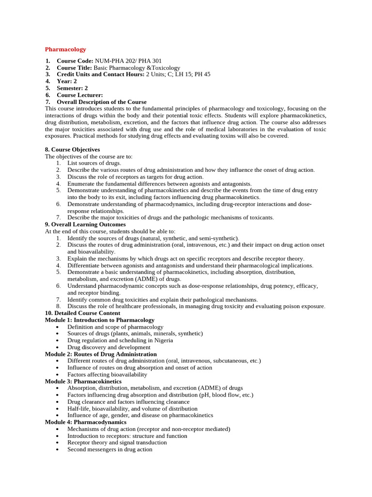 Basic Pharmacology & Toxicology Syllabus | PDF | Pharmacology ...