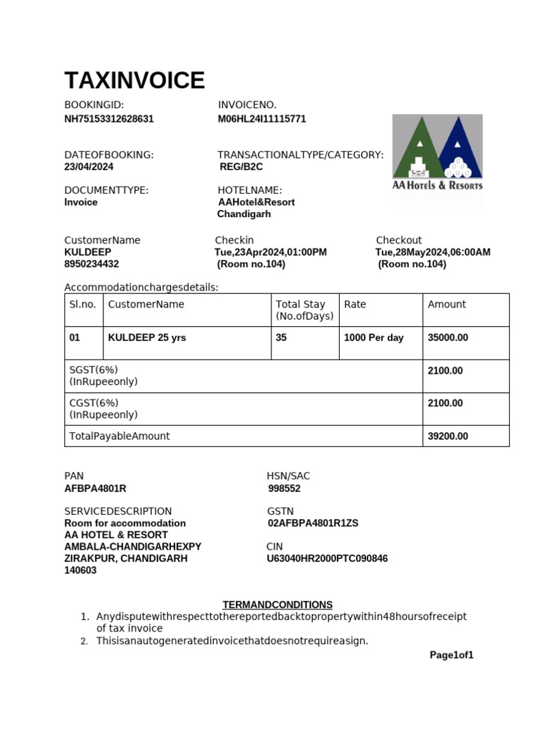Hotel Invoice for Kuldeep - AA Hotel & Resort | PDF