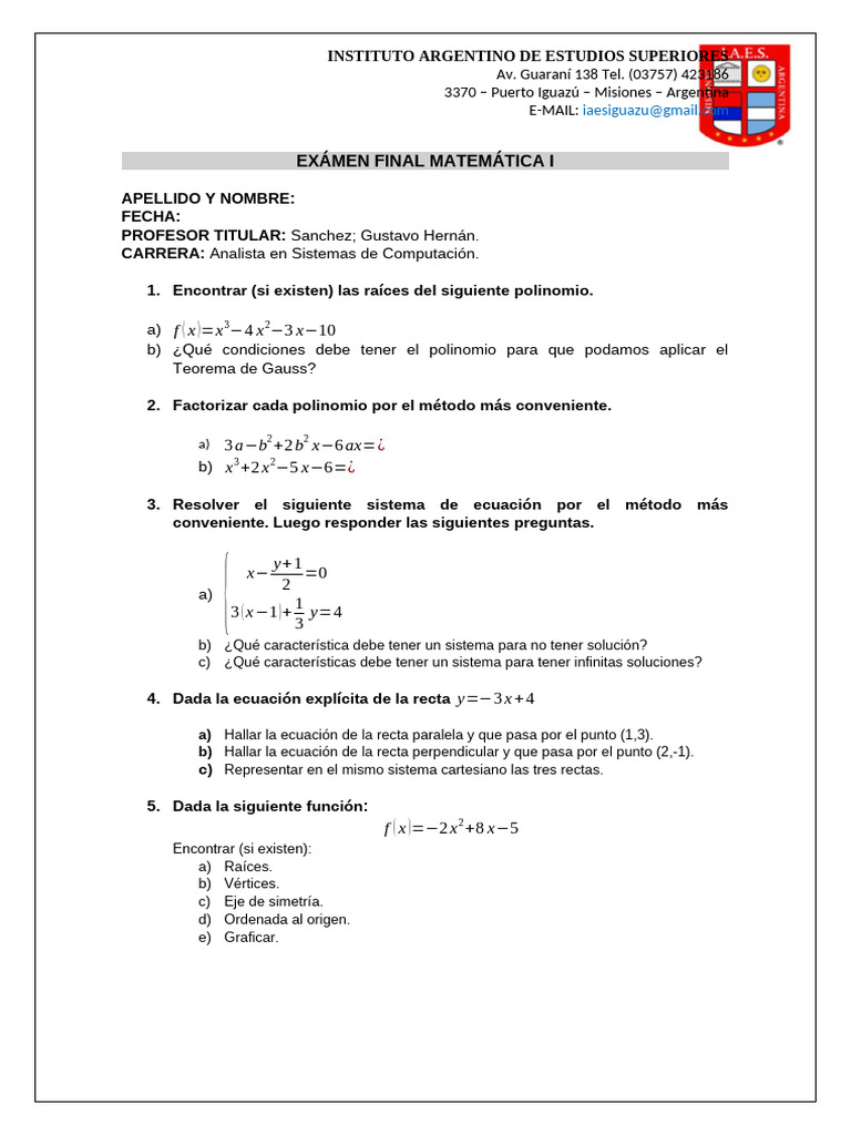 Examen Final Matemática I - IAES | PDF
