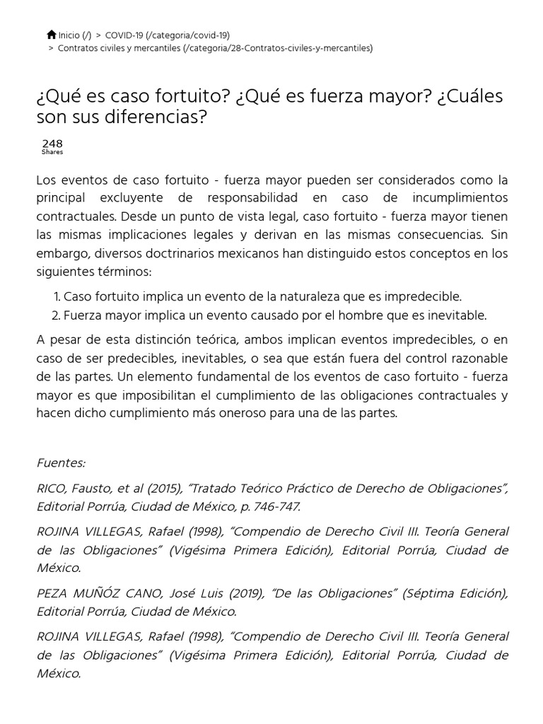 Diferencias entre caso fortuito y fuerza mayor | PDF