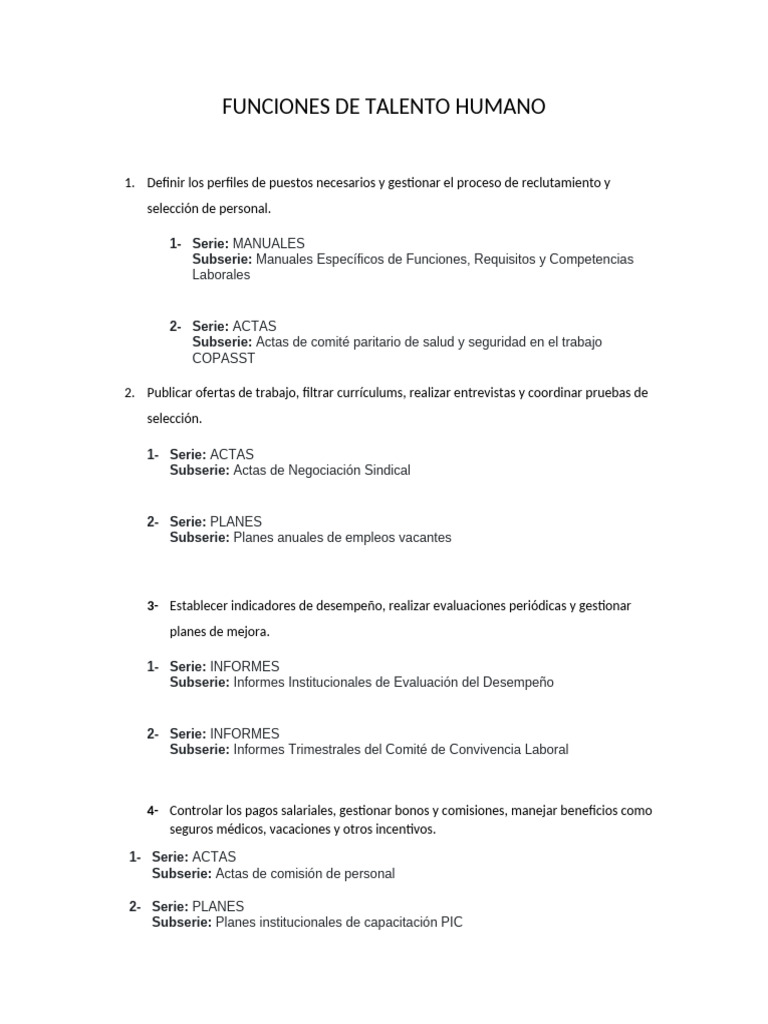 Funciones de Talento Humano | PDF | Gestión de recursos humanos