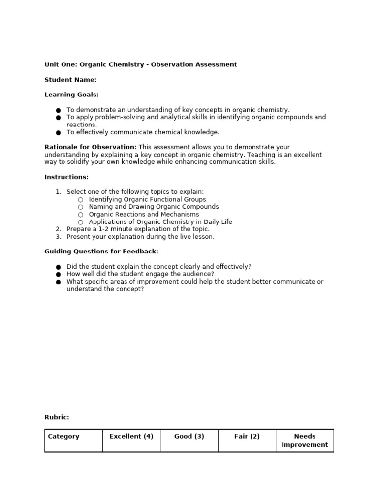 Unit One - Organic Chemistry - Observation Assessment | PDF | Organic ...