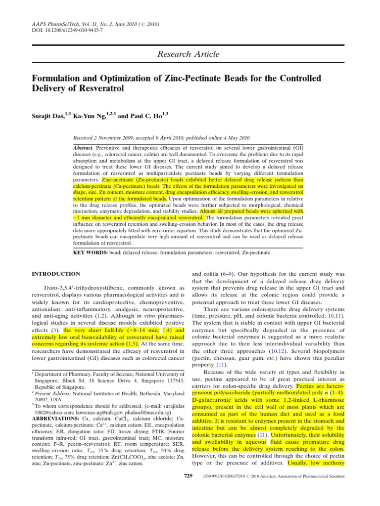 Resveratrol Loaded ZincPectinate PDF Cross Link Freeze Drying