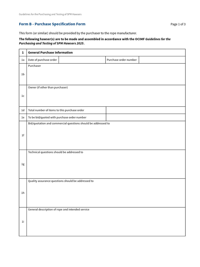 SPM Hawsers Purchase Specification Form | PDF | Rope