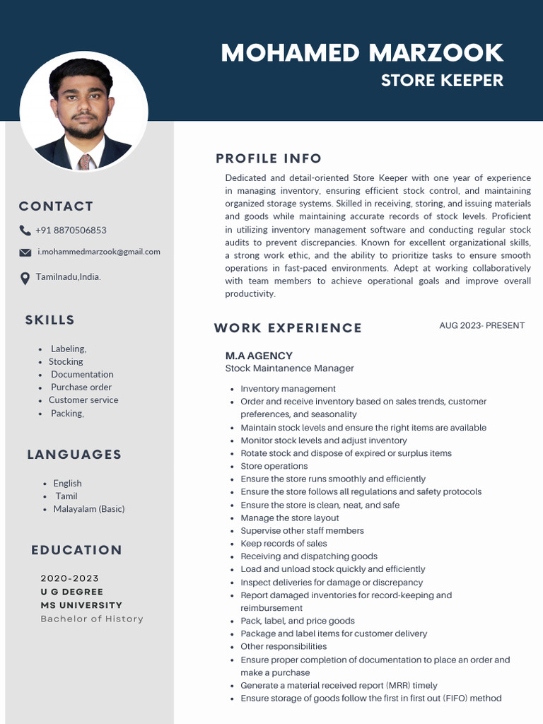 Store Keeper Resume: Skills & Experience | PDF | Inventory | Warehouse
