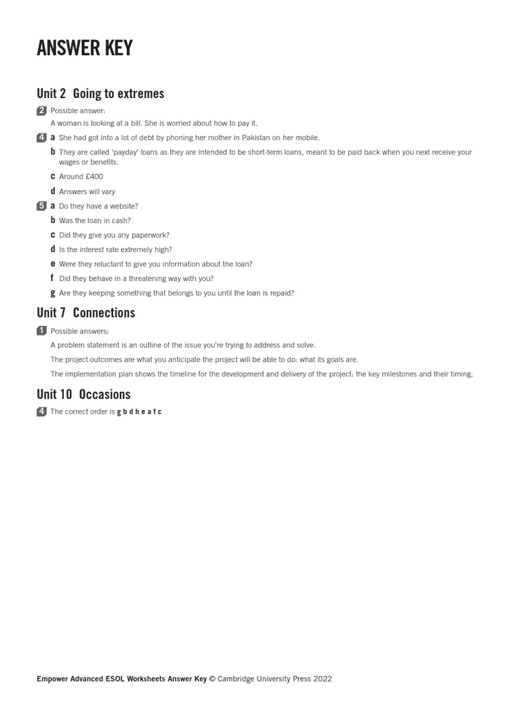 Empower Second Edition Advanced Answer Key | PDF