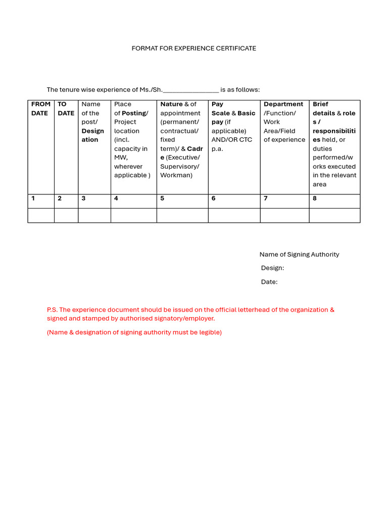 Experience Certificate Format Guide | PDF