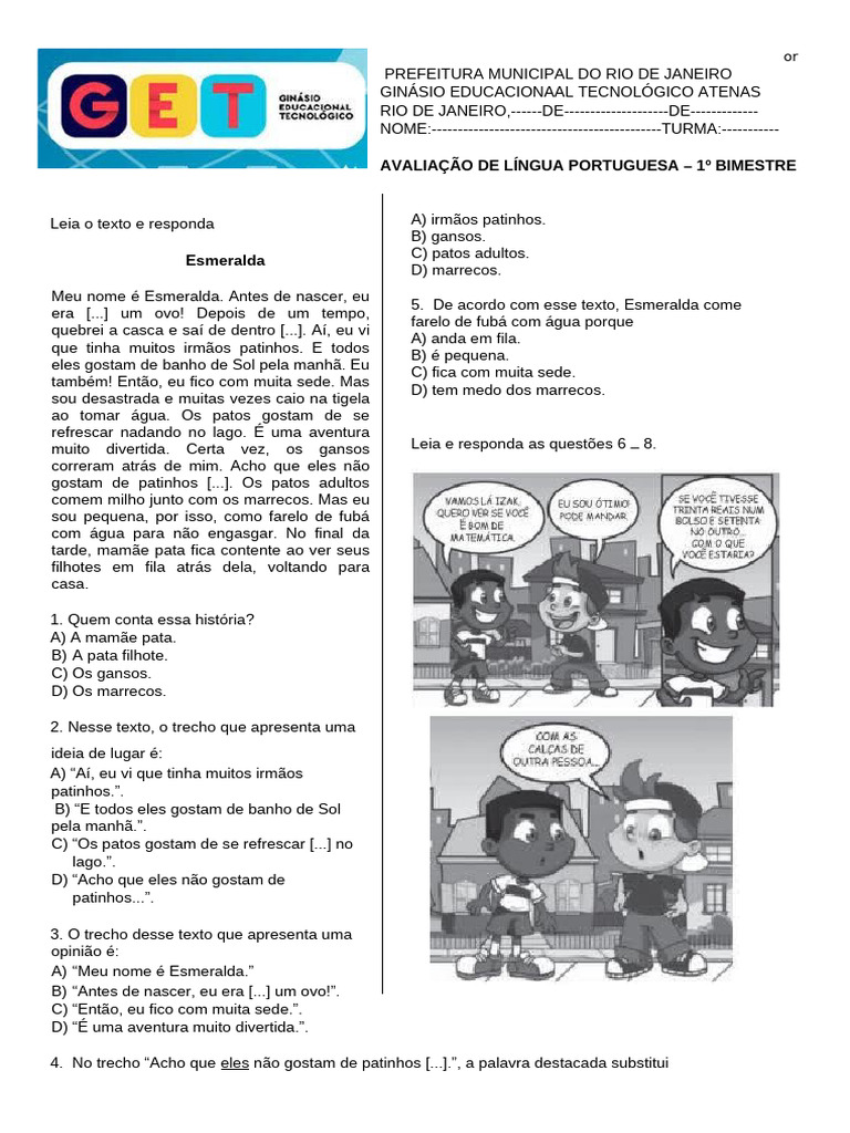 Avaliação de Língua Portuguesa - 1º Bimestre | PDF | Pato