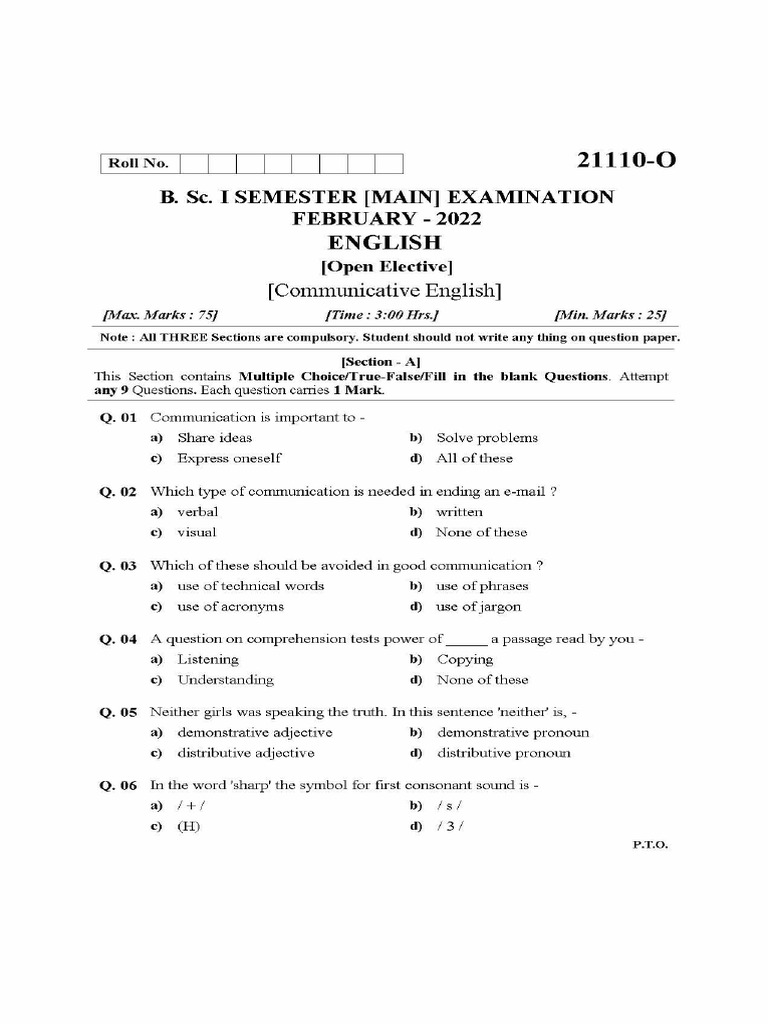 English B.Sc. I Sem Jul 2022 - O | PDF