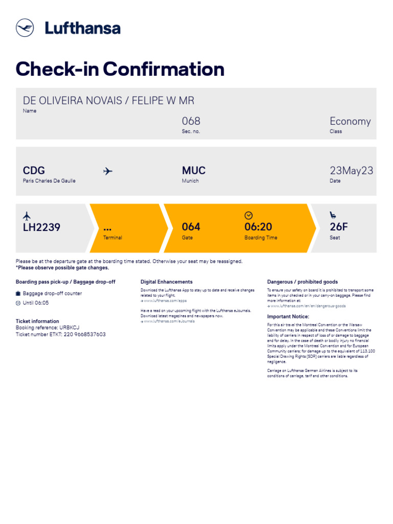 Check-In Confirmation: de Oliveira Novais / Felipe W MR 068 Economy ...