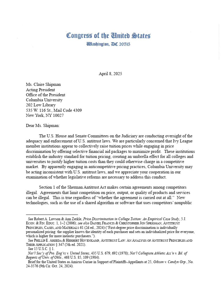 Campus Reform - Columbia University Antitrust Letter | PDF | Sherman ...