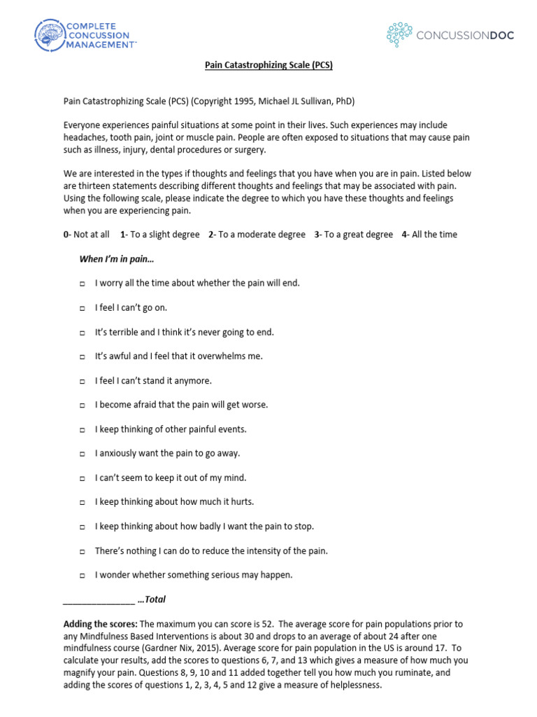 Pain Catastrophizing Scale Assessment | PDF
