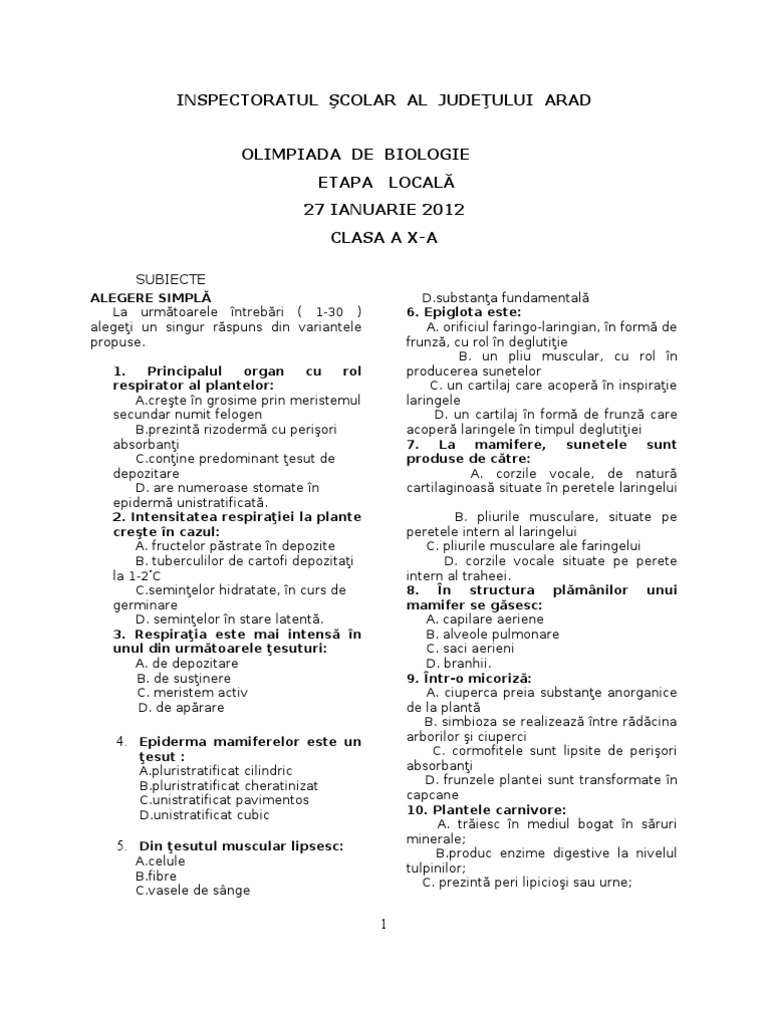 2012 Biologie Etapa Locala Subiecte Clasa A X A 0