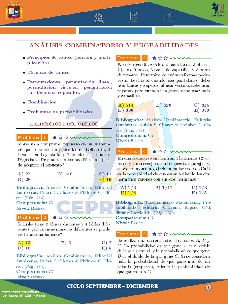 Ejercicios de Análisis Combinatorio y Probabilidades | PDF ...