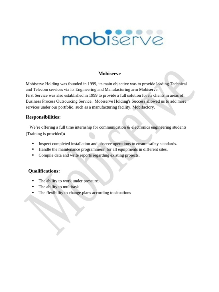Internship In Telecom Engineering At Mobiserve Pdf