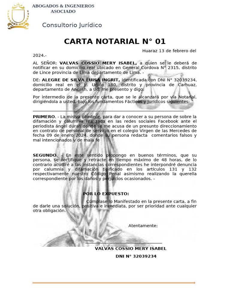 Carta Notarial por Difamación | PDF