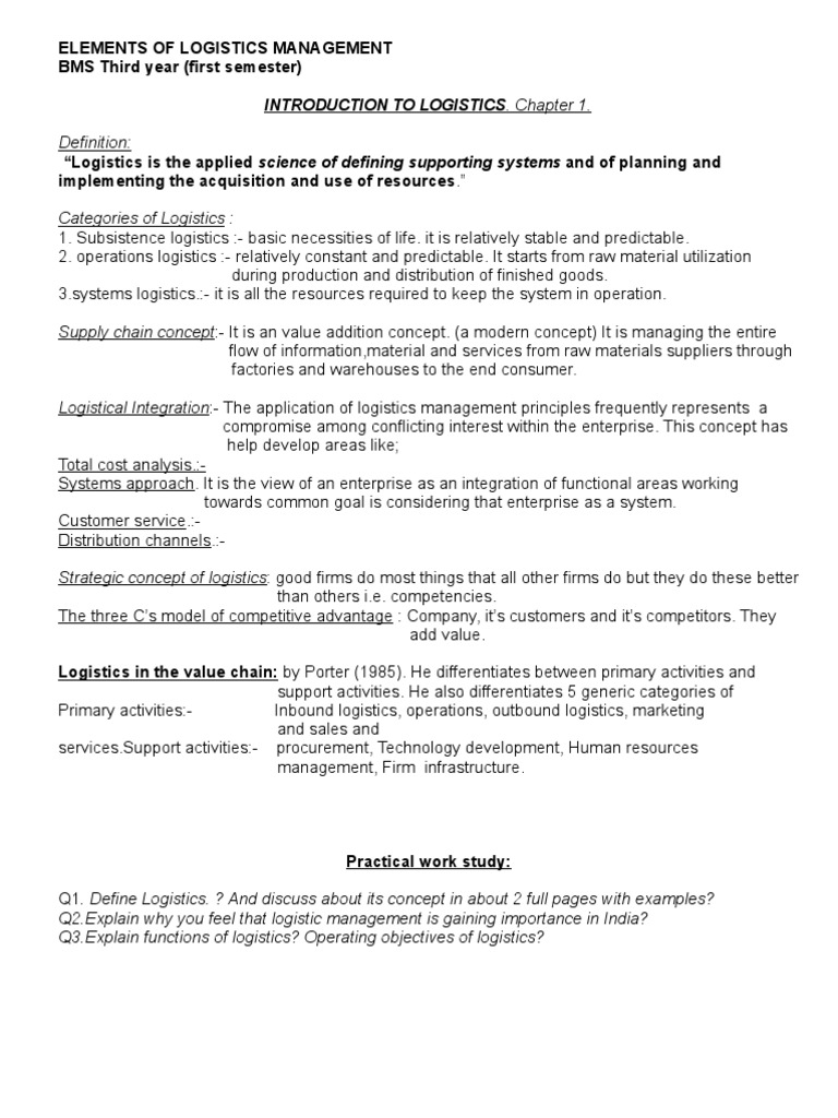 Elements of Logistics Management | PDF | Logistics | Supply Chain