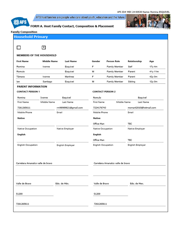 Host Family Profile for AFS Program | PDF | Room | Meal