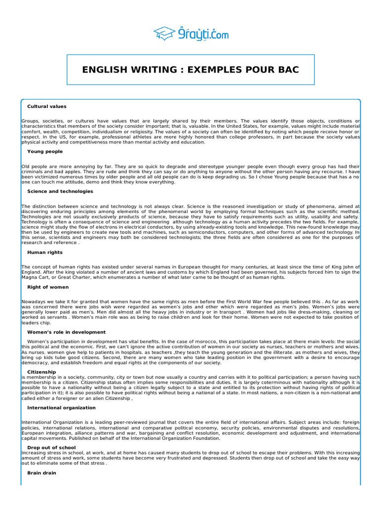 English Writing Examples for BAC | PDF | Citizenship | Science
