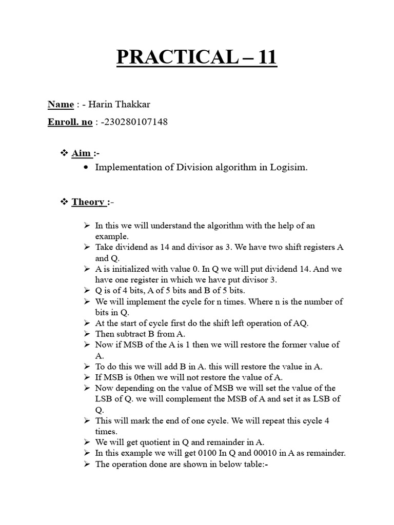 Division Algorithm in Logisim Implementation | PDF