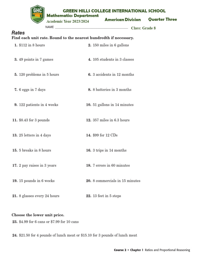 G7 - Rates - Practice Skills | PDF