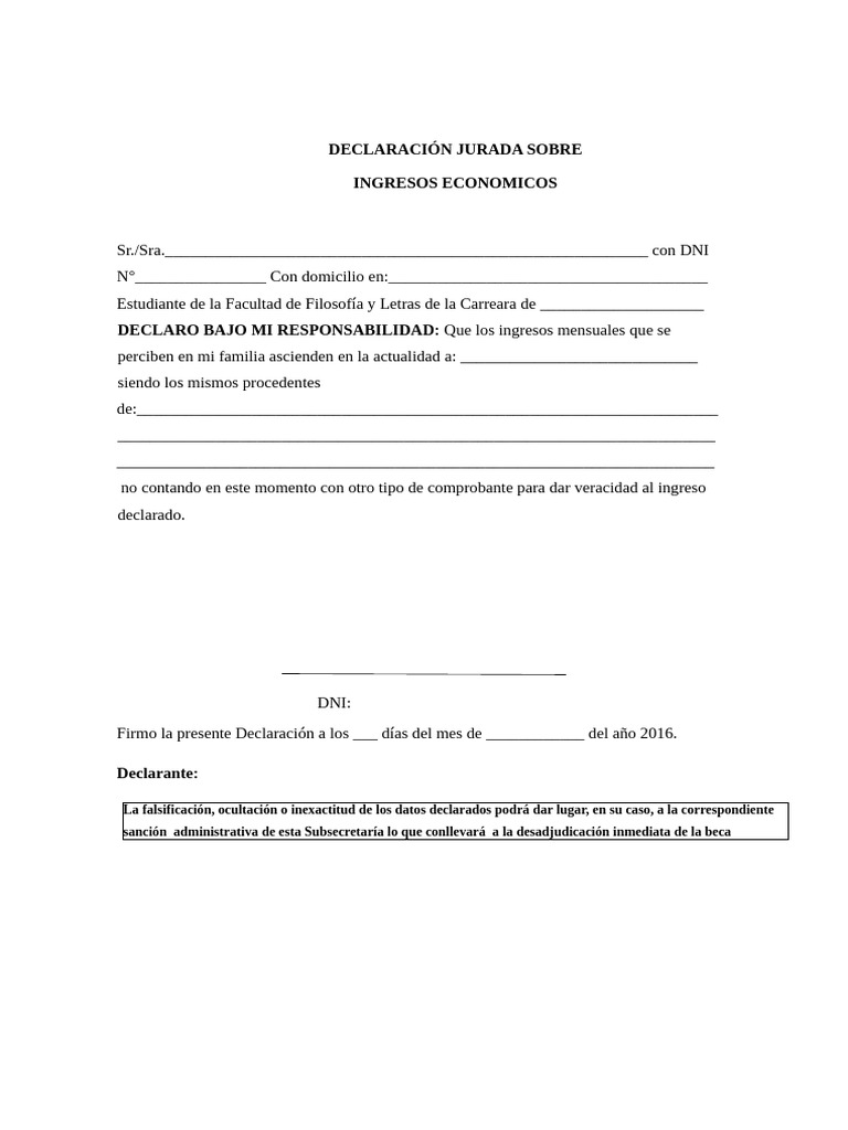 Modelo de Declaracion Jurada Sobre Ingresos Economicos | PDF