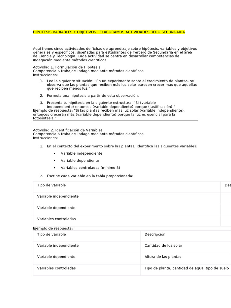Actividades sobre Hipótesis y Variables 3ero | PDF | Experimentar ...