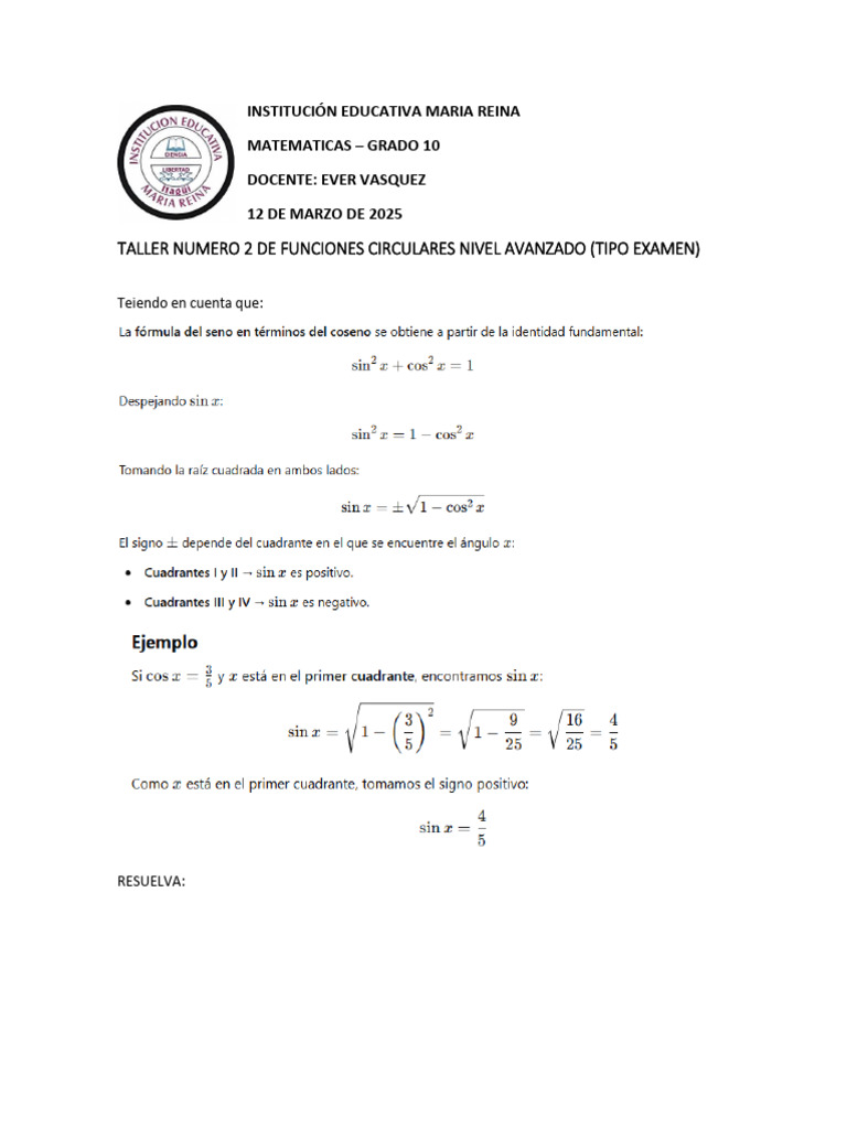 Taller Avanzado de Funciones Circulares | PDF