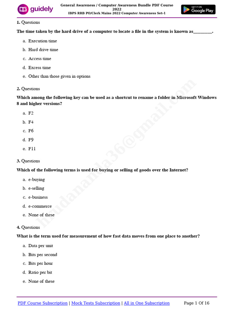 IBPS RRB Clerk Mains Computer Awareness | PDF | Computer Data Storage ...
