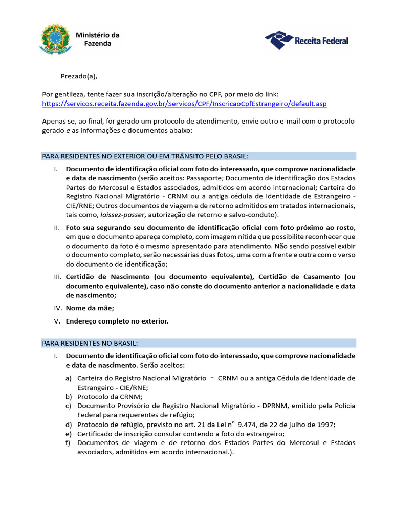 Inscrição e Alteração de CPF para Estrangeiros | PDF | Passaporte