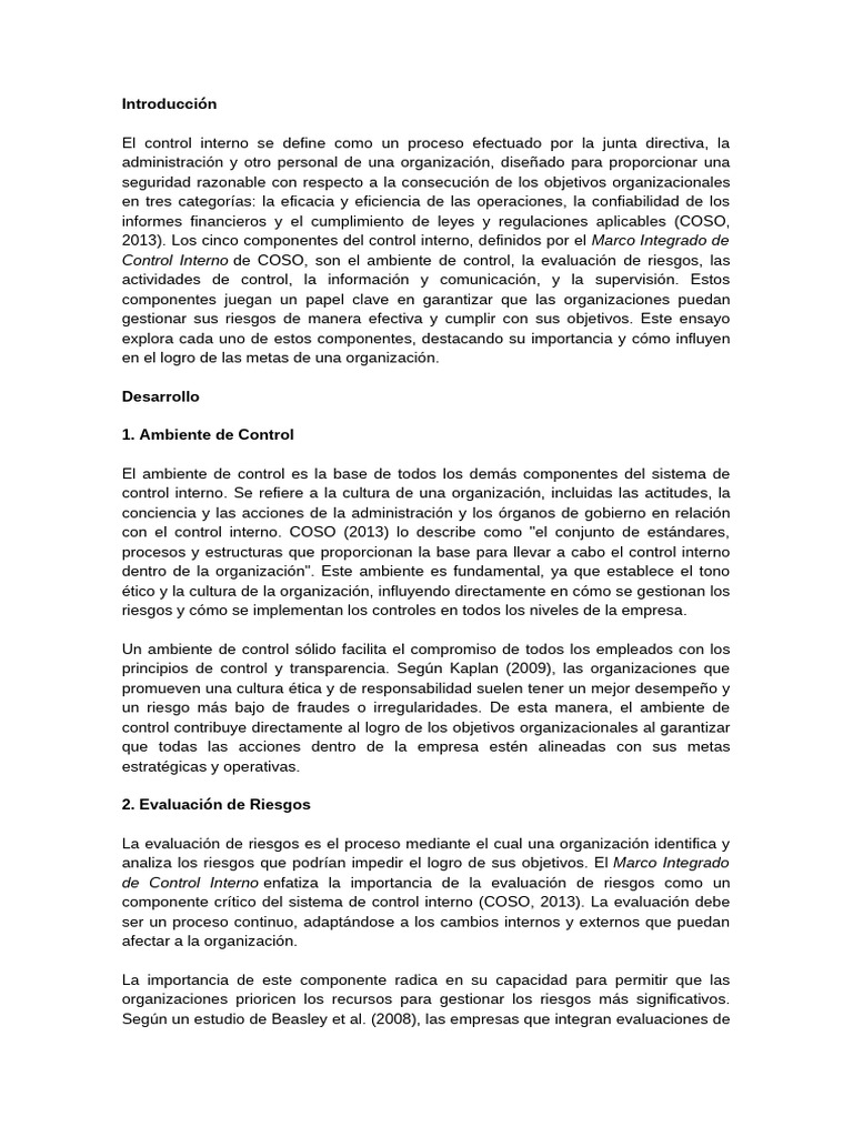 Componentes del Control Interno COSO | PDF | Evaluación de riesgos ...