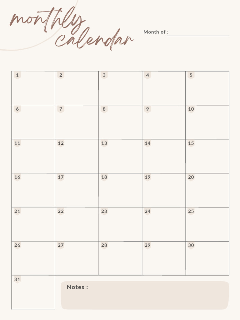 Minimalist Monthly Calendar Sheet | PDF