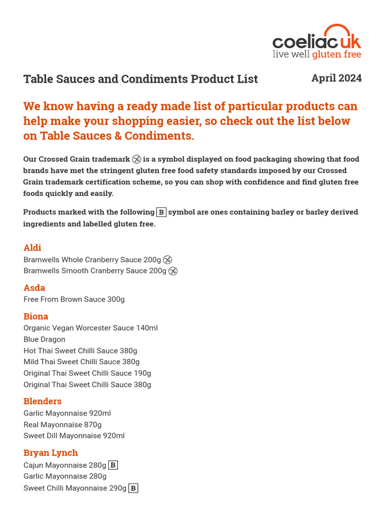 Asda Tartare Sauce & Table Sauces List | PDF | Sauce | Mayonnaise