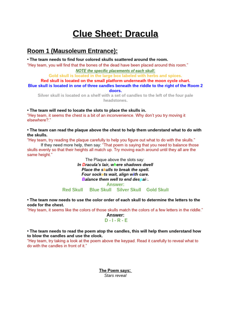 Dracula Escape Room Clue Sheet | PDF