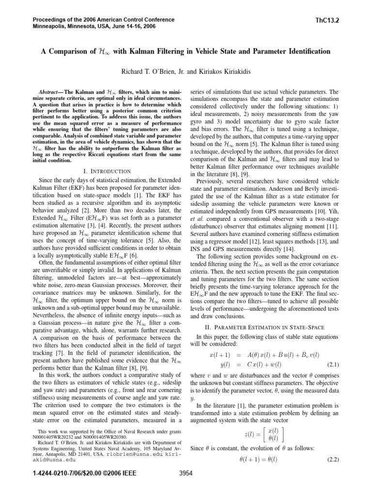 H∞ vs. Kalman Filtering for Vehicle Estimation | PDF | Kalman Filter ...