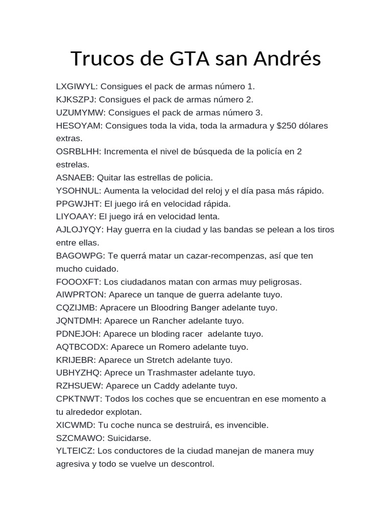Trucos de GTA San Andrés | PDF