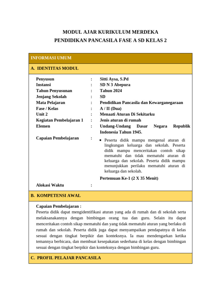 Modul Ajar PPKn Kelas 2 SD Fase A | PDF