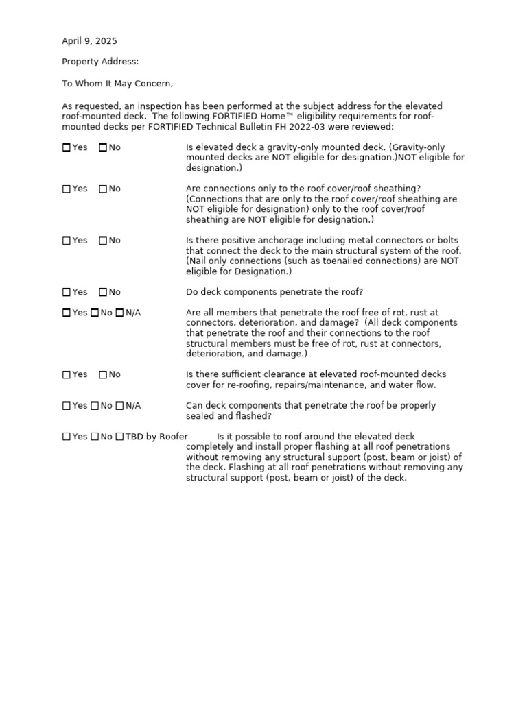 Roof Inspection Report for Elevated Deck | PDF | Roof | Civil Engineering