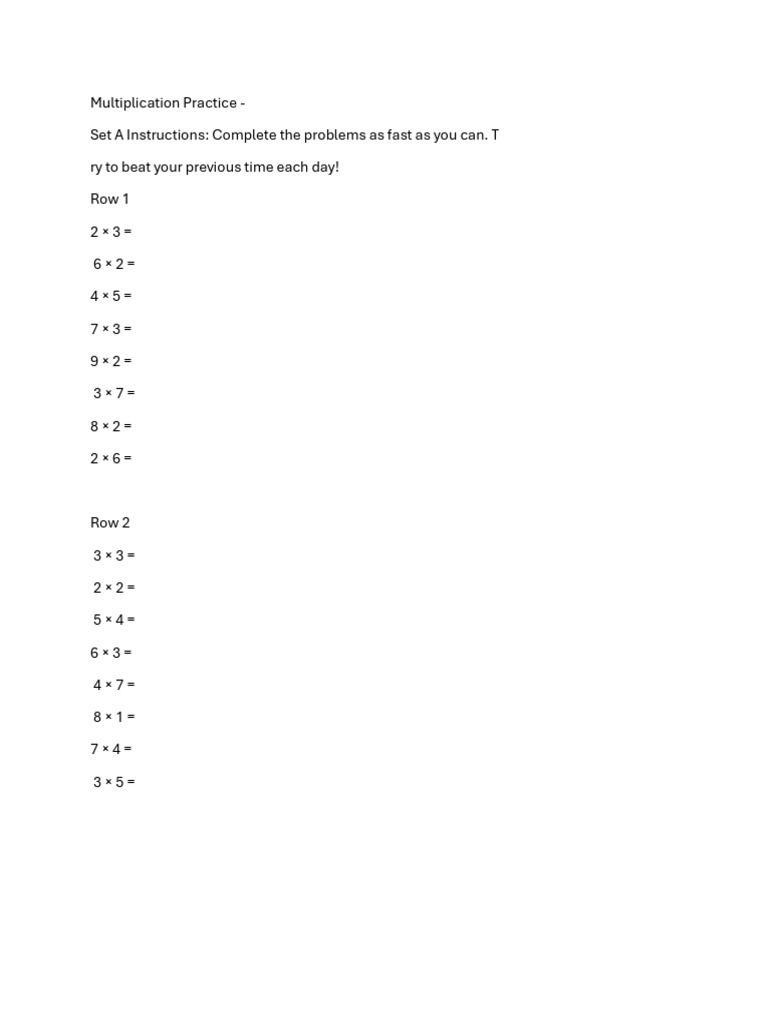 Multiplication Practice Set A | PDF