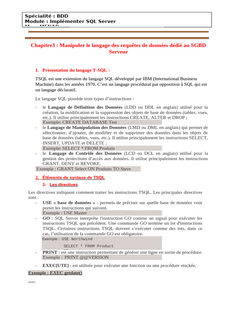 Introduction au langage T-SQL pour SQL Server | PDF | SQL | Données