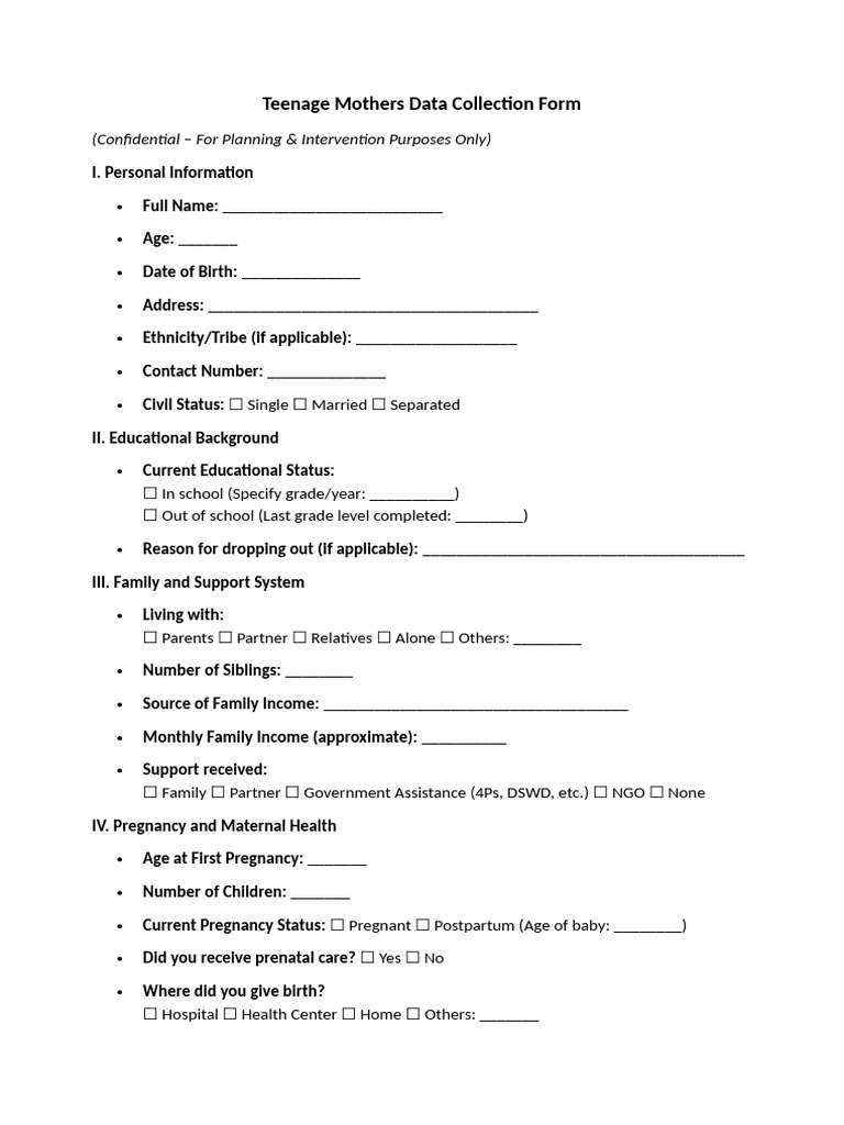 Teenage Mothers Data Collection Form | PDF | Teenage Pregnancy | Pregnancy