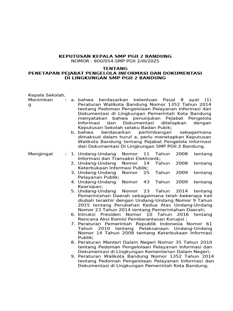 Penetapan Pejabat PPID SMP PGII 2 | PDF