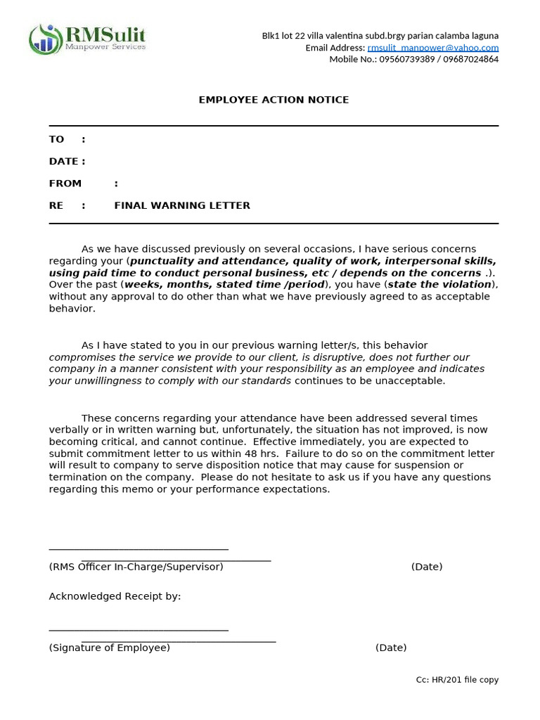 Final Warning Letter Template | PDF