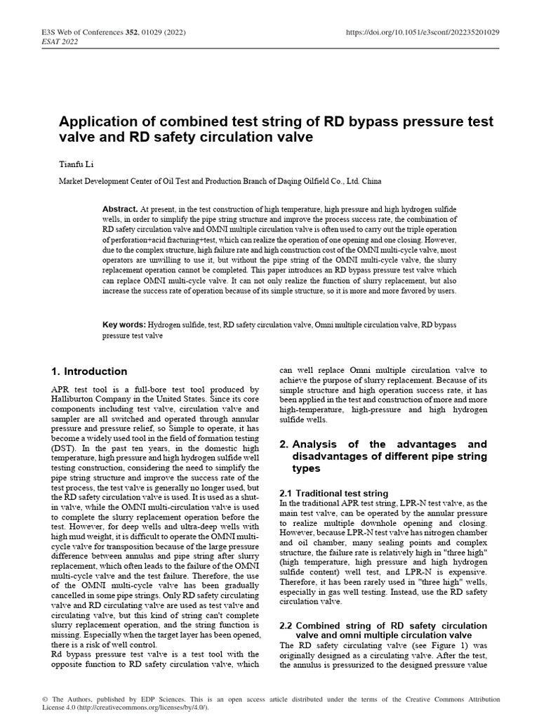 Application of combined test string of RD bypass pressure test | PDF ...