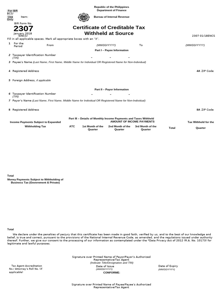 BIR Form 2307: Tax Withholding Certificate | PDF | Value Added Tax | Taxes