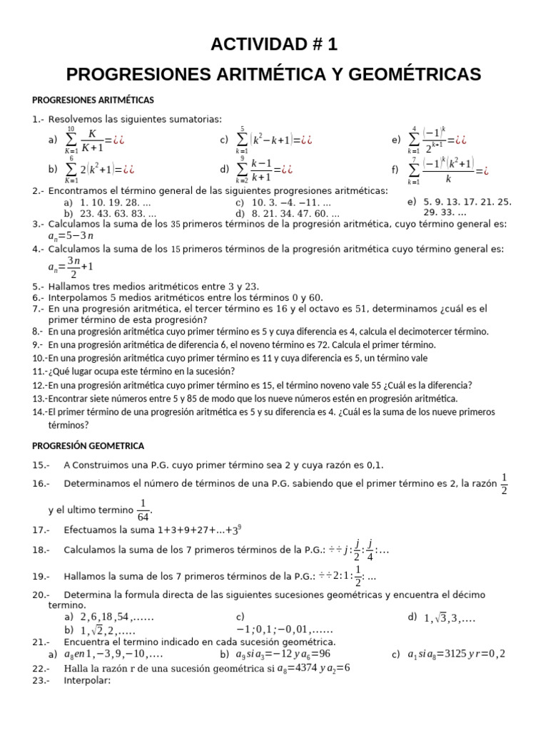 Progresiones Aritméticas y Geométricas | PDF | Matemáticas | Análisis ...