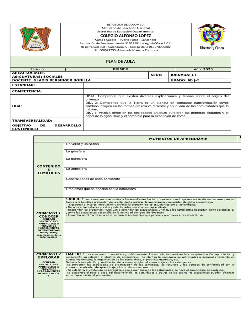 Plan de Aula Sociales 6B - 2025 | PDF | Aprendizaje | Evaluación